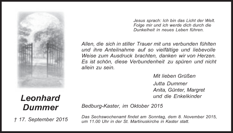  Traueranzeige für Leonhard Dummer vom 28.10.2015 aus  Werbepost 