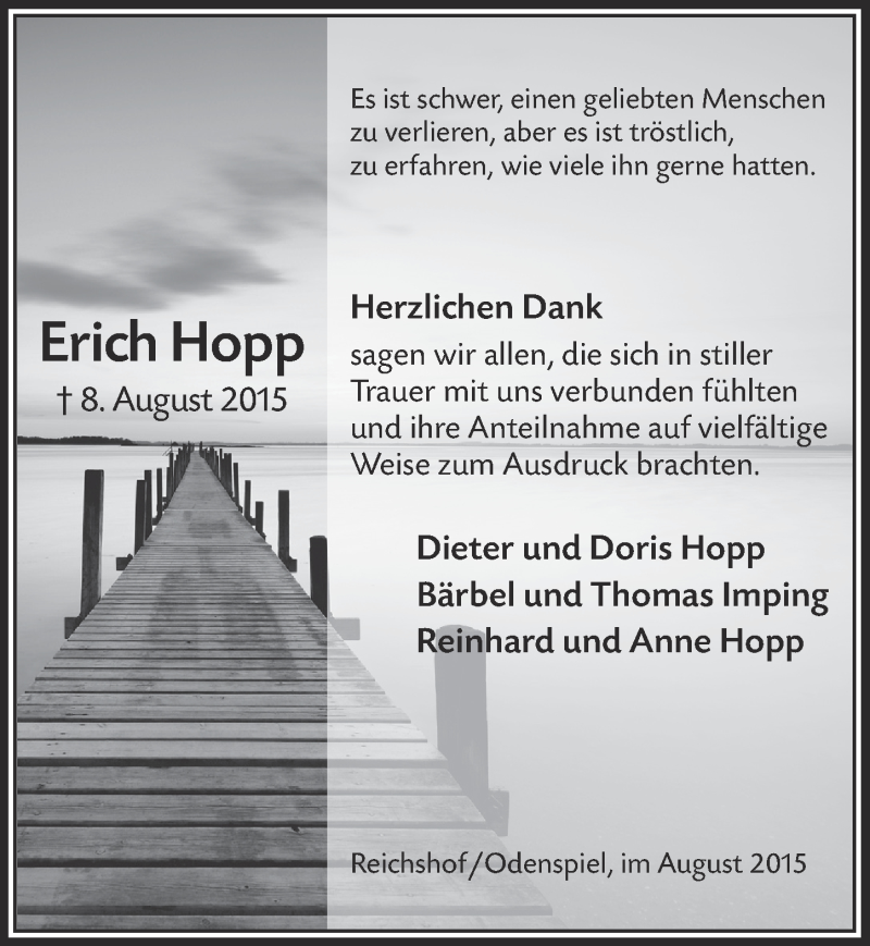  Traueranzeige für Erich Hopp vom 26.08.2015 aus  Lokalanzeiger 