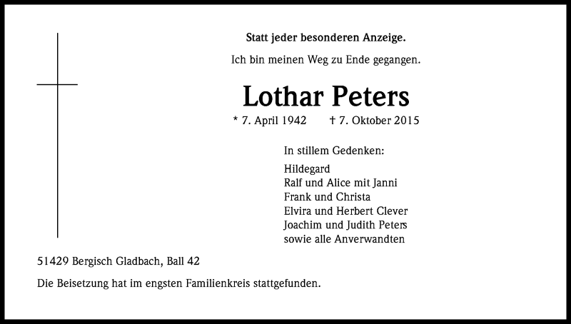 Traueranzeige für Lothar Peters vom 16.10.2015 aus Kölner Stadt-Anzeiger / Kölnische Rundschau / Express