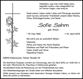 Anzeige von Sofie Sahm von Kölner Stadt-Anzeiger / Kölnische Rundschau / Express
