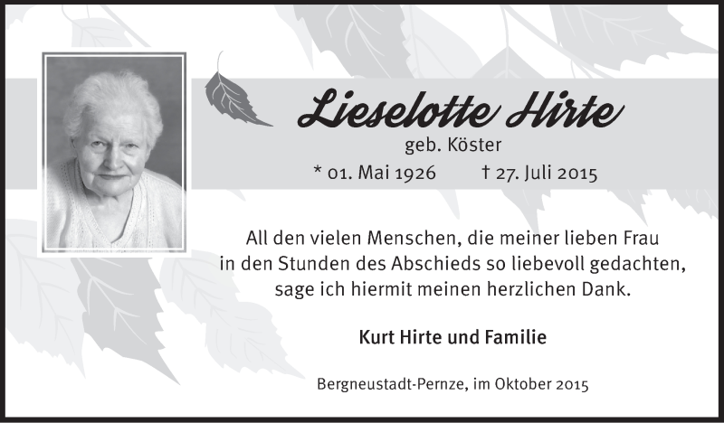  Traueranzeige für Lieselotte Hirte vom 07.10.2015 aus  Anzeigen Echo 