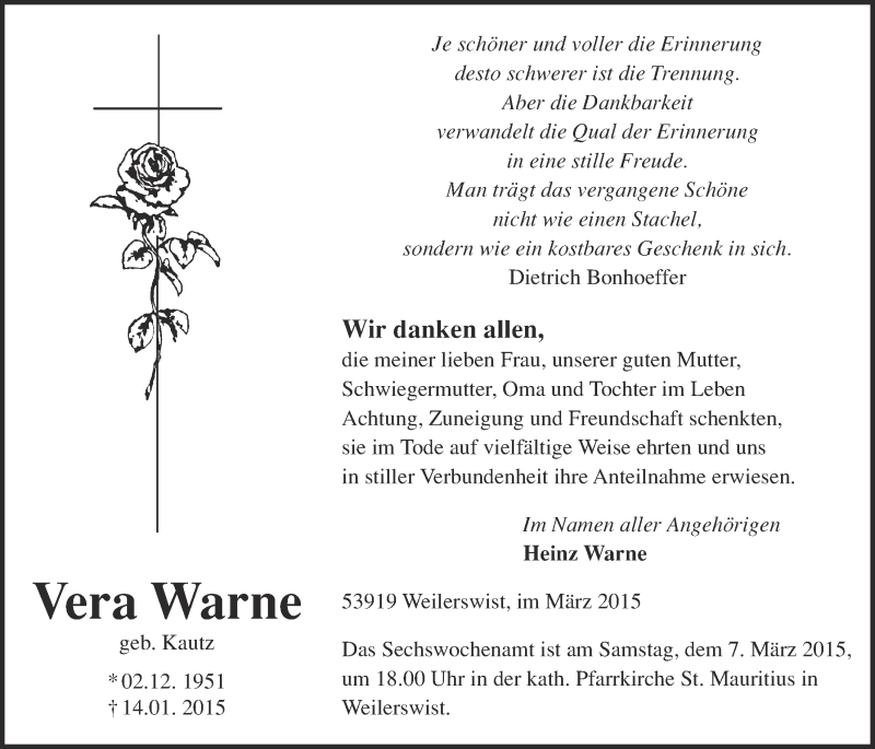 Traueranzeige für Vera Warne vom 01.03.2015 aus  Blickpunkt Euskirchen 