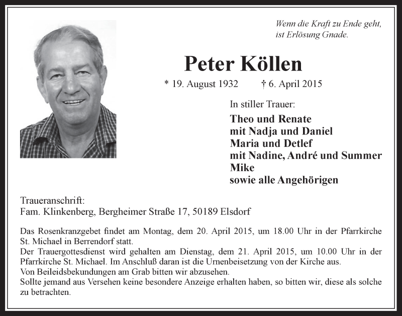  Traueranzeige für Peter Köllen vom 15.04.2015 aus  Werbepost 