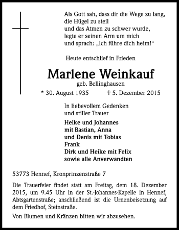 Anzeige von Marlene Weinkauf von Kölner Stadt-Anzeiger / Kölnische Rundschau / Express