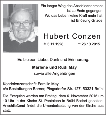 Anzeige von Hubert Conzen von  Schlossbote/Werbekurier 