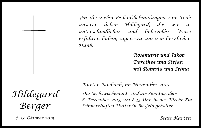  Traueranzeige für Hildegard Berger vom 28.11.2015 aus Kölner Stadt-Anzeiger / Kölnische Rundschau / Express