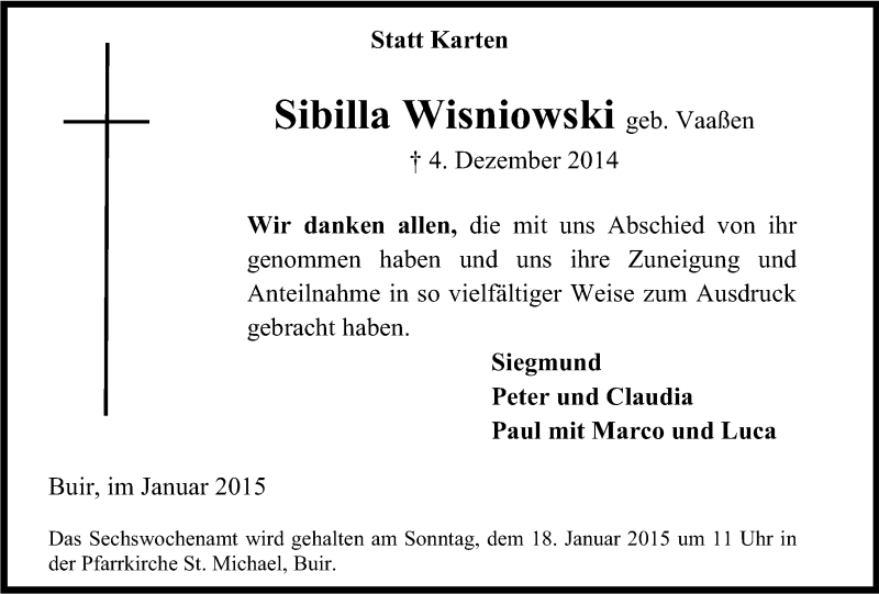  Traueranzeige für Sibilla Wisniowski vom 16.01.2015 aus Kölner Stadt-Anzeiger / Kölnische Rundschau / Express