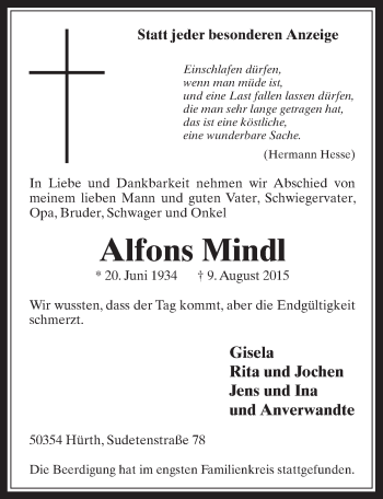 Anzeige von Alfons Mindl von  Wochenende 