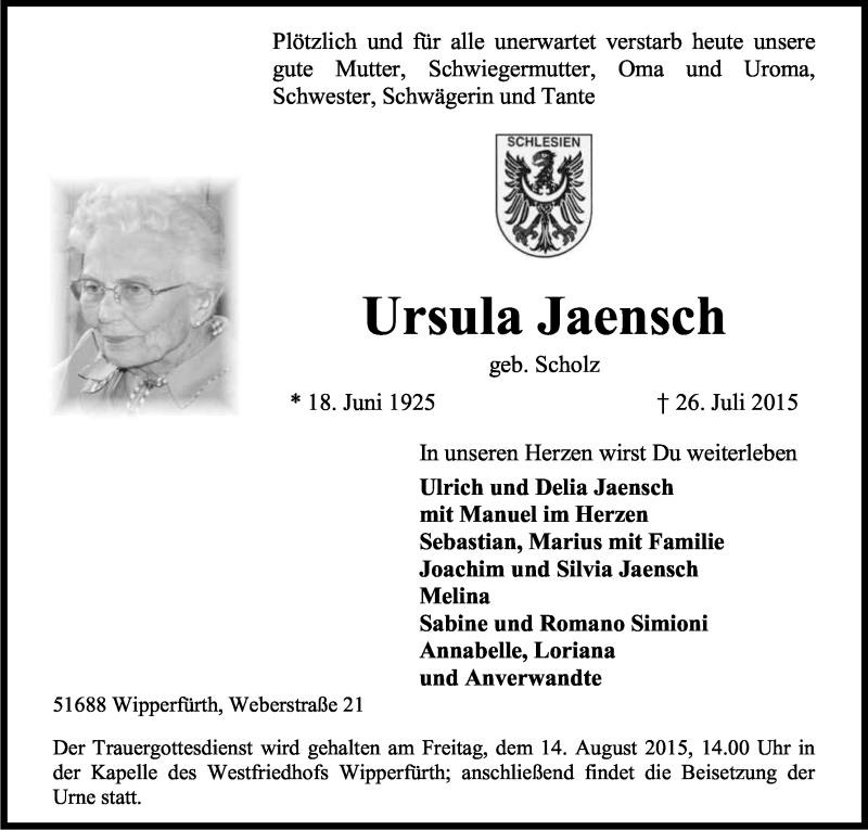  Traueranzeige für Ursula Jaensch vom 08.08.2015 aus Kölner Stadt-Anzeiger / Kölnische Rundschau / Express