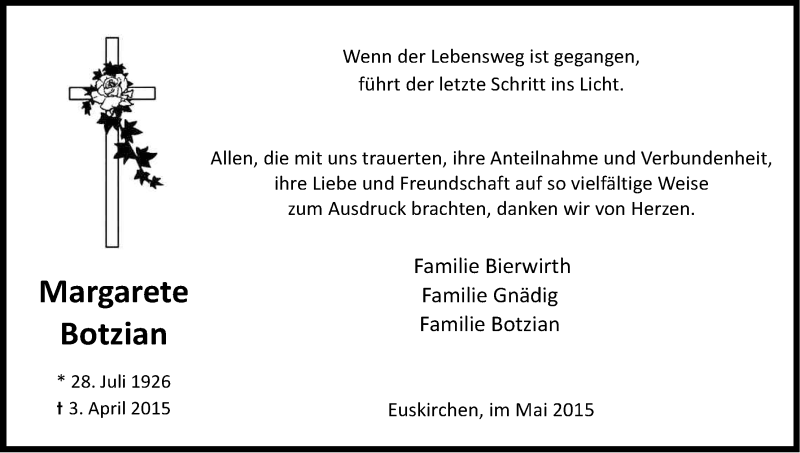  Traueranzeige für Margarete Botzian vom 08.05.2015 aus Kölner Stadt-Anzeiger / Kölnische Rundschau / Express
