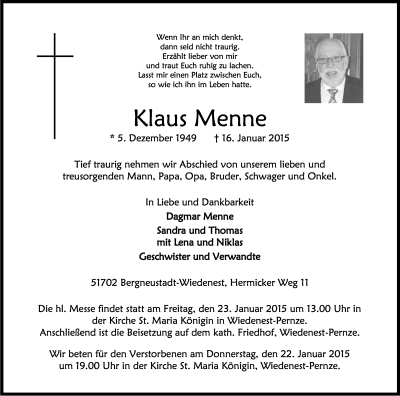  Traueranzeige für Klaus Menne vom 20.01.2015 aus Kölner Stadt-Anzeiger / Kölnische Rundschau / Express