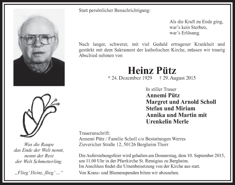  Traueranzeige für Heinz Pütz vom 05.09.2015 aus  Sonntags-Post 