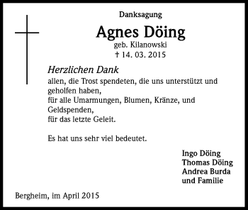 Anzeige von Agnes Döing von Kölner Stadt-Anzeiger / Kölnische Rundschau / Express