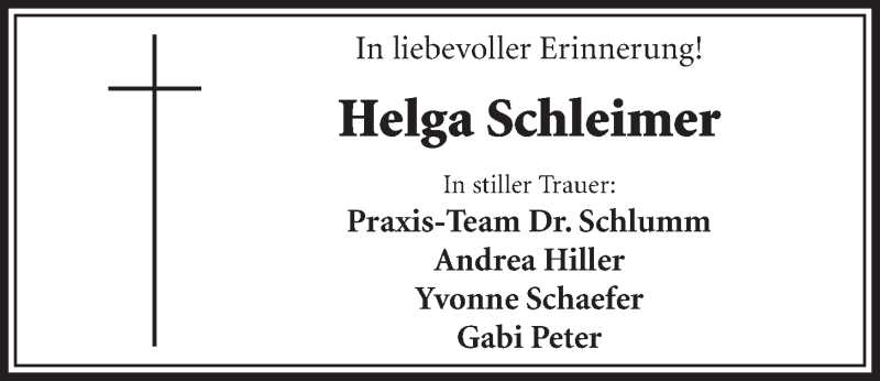  Traueranzeige für Helga Schleimer vom 04.02.2015 aus  Schlossbote/Werbekurier 