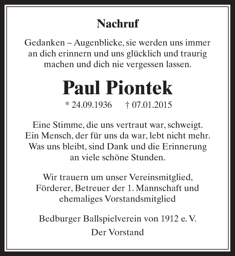  Traueranzeige für Paul Piontek vom 21.01.2015 aus  Werbepost 