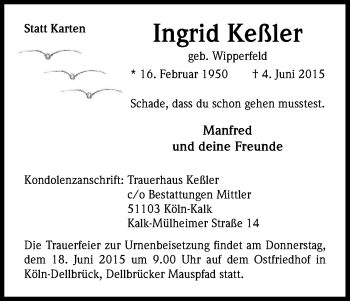 Anzeige von Ingrid Keßler von Kölner Stadt-Anzeiger / Kölnische Rundschau / Express