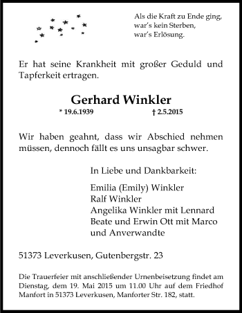 Anzeige von Gerhard Winkler von Kölner Stadt-Anzeiger / Kölnische Rundschau / Express