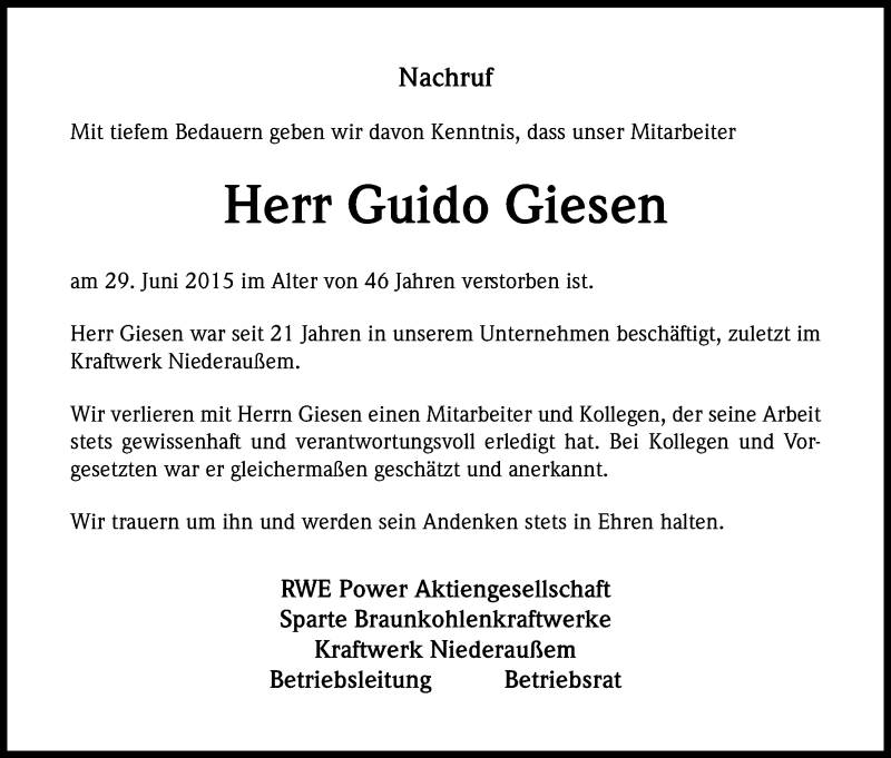  Traueranzeige für Guido Giesen vom 07.07.2015 aus Kölner Stadt-Anzeiger / Kölnische Rundschau / Express