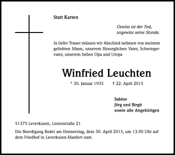 Anzeige von Winfried Leuchten von Kölner Stadt-Anzeiger / Kölnische Rundschau / Express
