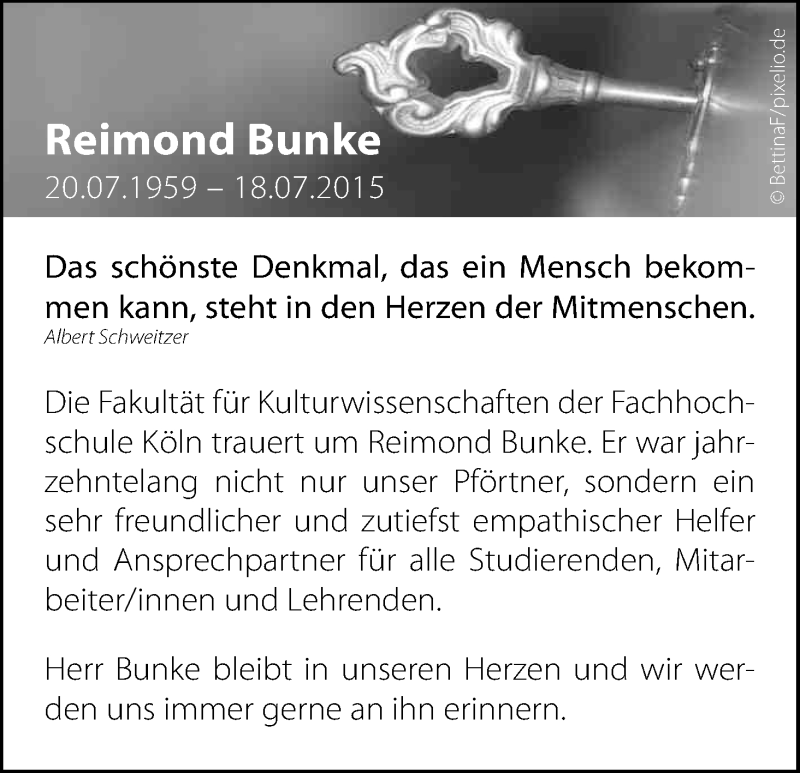  Traueranzeige für Reimond Bunke vom 31.07.2015 aus Kölner Stadt-Anzeiger / Kölnische Rundschau / Express
