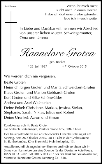 Anzeige von Hannelore Groten von Kölner Stadt-Anzeiger / Kölnische Rundschau / Express