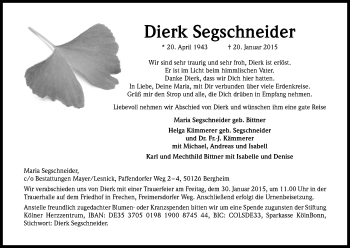 Anzeige von Dierk Segschneider von Kölner Stadt-Anzeiger / Kölnische Rundschau / Express