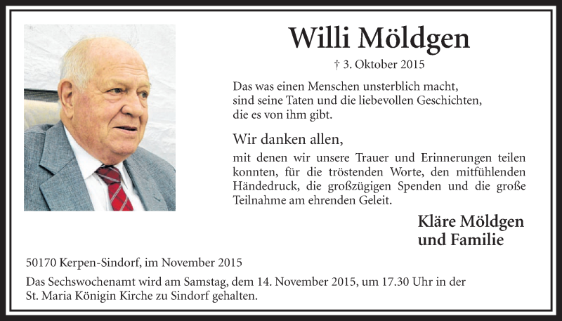  Traueranzeige für Willi Möldgen vom 07.11.2015 aus  Sonntags-Post 