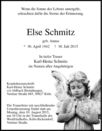 Anzeige von Else Schmitz von Kölner Stadt-Anzeiger / Kölnische Rundschau / Express