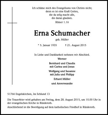 Anzeige von Erna Schumacher von Kölner Stadt-Anzeiger / Kölnische Rundschau / Express
