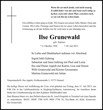 Anzeige von Ilse Grunewald von Kölner Stadt-Anzeiger / Kölnische Rundschau / Express