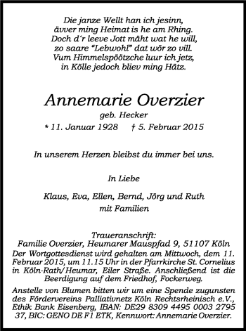 Anzeige von Annemarie Overzier von Kölner Stadt-Anzeiger / Kölnische Rundschau / Express