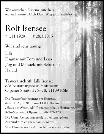 Anzeige von Rolf Isensee von Kölner Stadt-Anzeiger / Kölnische Rundschau / Express