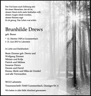 Anzeige von Brunhilde Drews von Kölner Stadt-Anzeiger / Kölnische Rundschau / Express