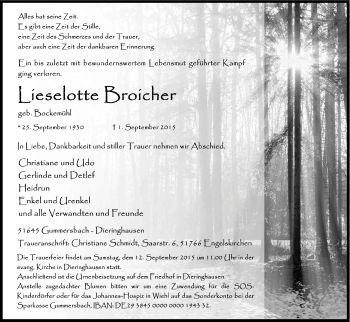 Anzeige von Lieselotte Broicher von Kölner Stadt-Anzeiger / Kölnische Rundschau / Express