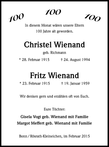 Anzeige von Christel und Fritz Wienand von Kölner Stadt-Anzeiger / Kölnische Rundschau / Express