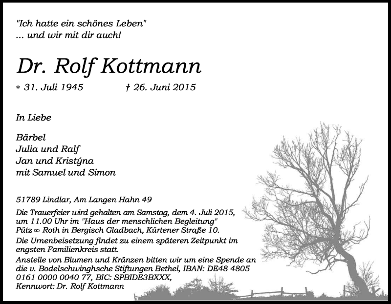  Traueranzeige für Rolf Kottmann vom 01.07.2015 aus Kölner Stadt-Anzeiger / Kölnische Rundschau / Express
