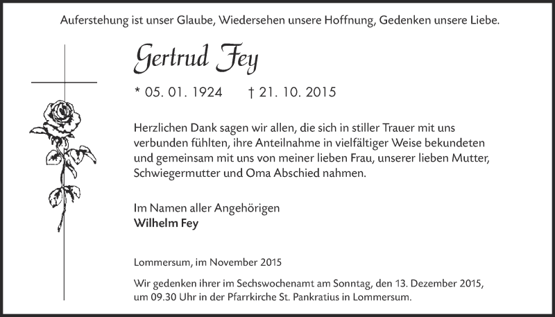 Traueranzeige für Gertrud Fey vom 06.12.2015 aus  Blickpunkt Euskirchen 