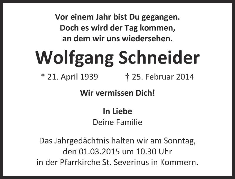  Traueranzeige für Wolfgang Schneider vom 08.02.2015 aus  Blickpunkt Euskirchen 
