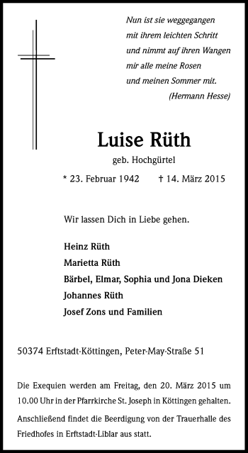 Anzeige von Luise Rüth von Kölner Stadt-Anzeiger / Kölnische Rundschau / Express