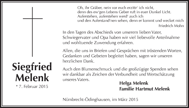  Traueranzeige für Siegfried Melenk vom 18.03.2015 aus  Lokalanzeiger 