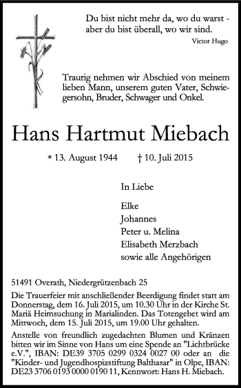 Anzeige von Hans Hartmut Miebach von Kölner Stadt-Anzeiger / Kölnische Rundschau / Express