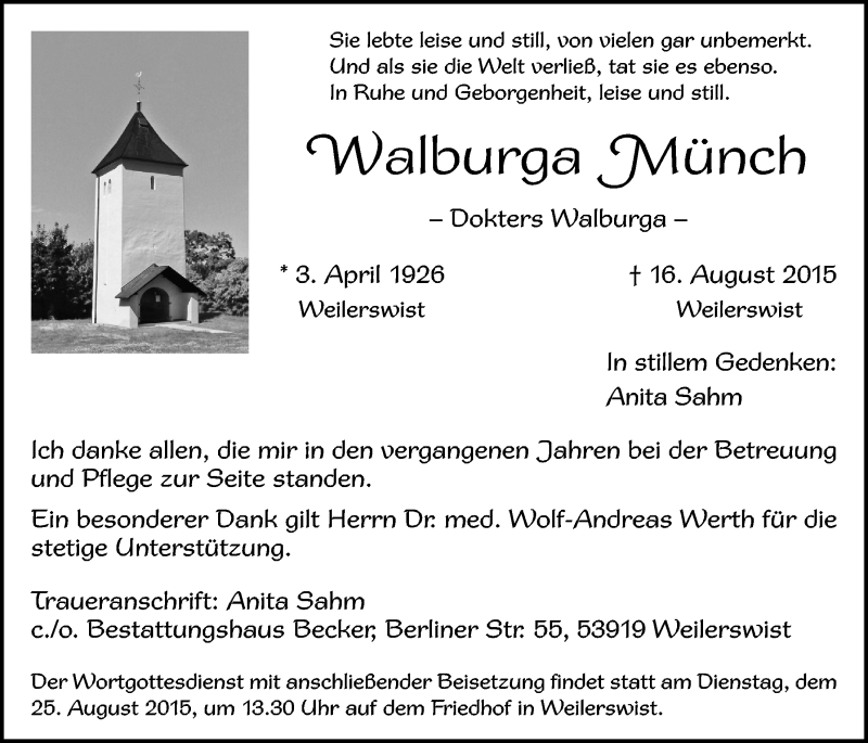  Traueranzeige für Walburga Münch vom 23.08.2015 aus  Blickpunkt Euskirchen 