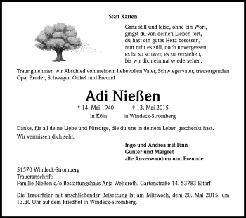Anzeige von Adi Nießen von Kölner Stadt-Anzeiger / Kölnische Rundschau / Express