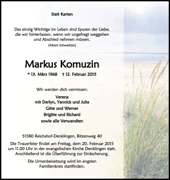 Anzeige von Markus Komuzin von Kölner Stadt-Anzeiger / Kölnische Rundschau / Express