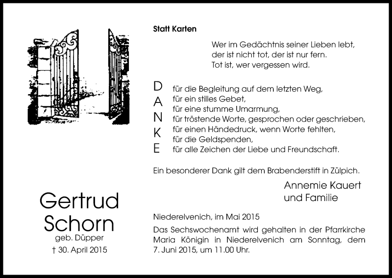  Traueranzeige für Gertrud Schorn vom 23.05.2015 aus Kölner Stadt-Anzeiger / Kölnische Rundschau / Express