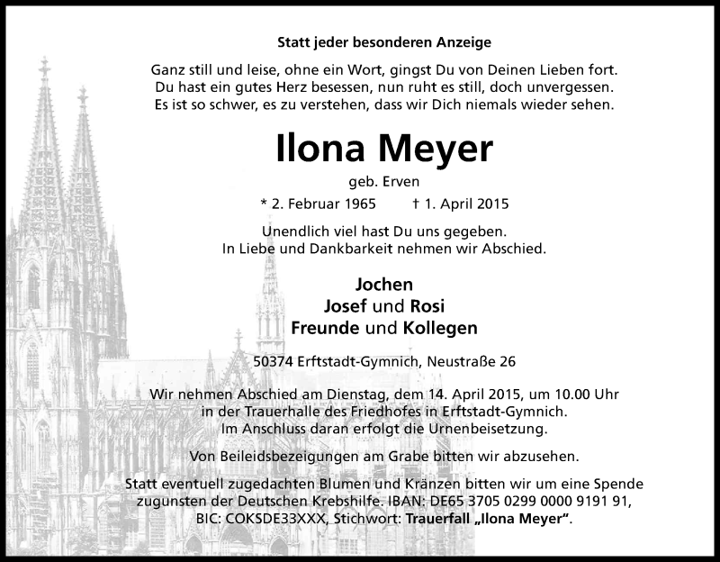  Traueranzeige für Ilona Meyer vom 04.04.2015 aus Kölner Stadt-Anzeiger / Kölnische Rundschau / Express
