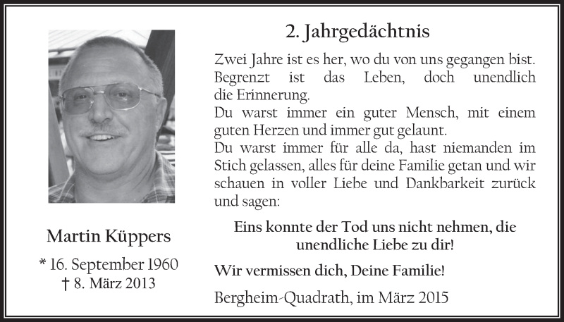  Traueranzeige für Martin Küppers vom 11.03.2015 aus  Werbepost 