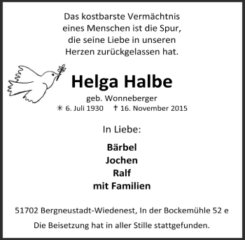 Anzeige von Helga Halbe von  Anzeigen Echo 