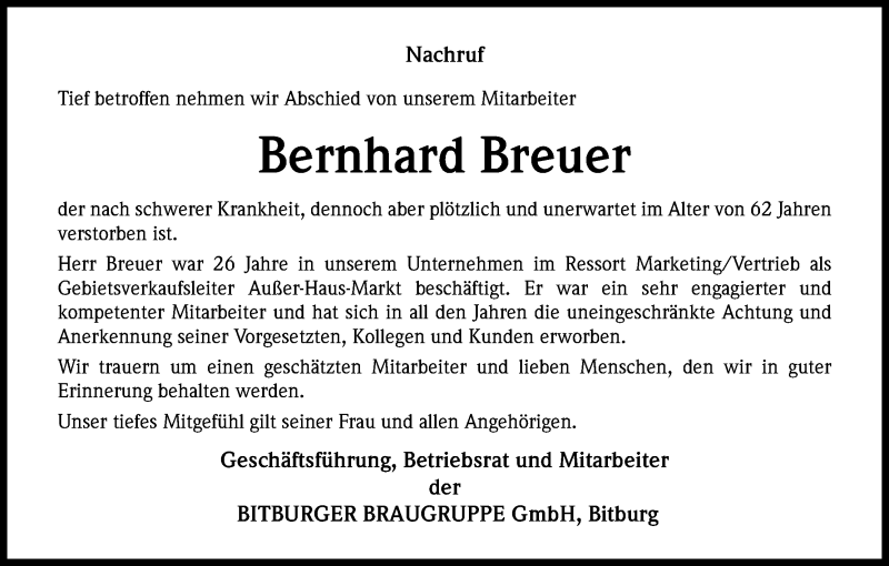  Traueranzeige für Bernhard Breuer vom 07.03.2015 aus Kölner Stadt-Anzeiger / Kölnische Rundschau / Express