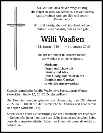 Anzeige von Willi Vaaßen von Kölner Stadt-Anzeiger / Kölnische Rundschau / Express